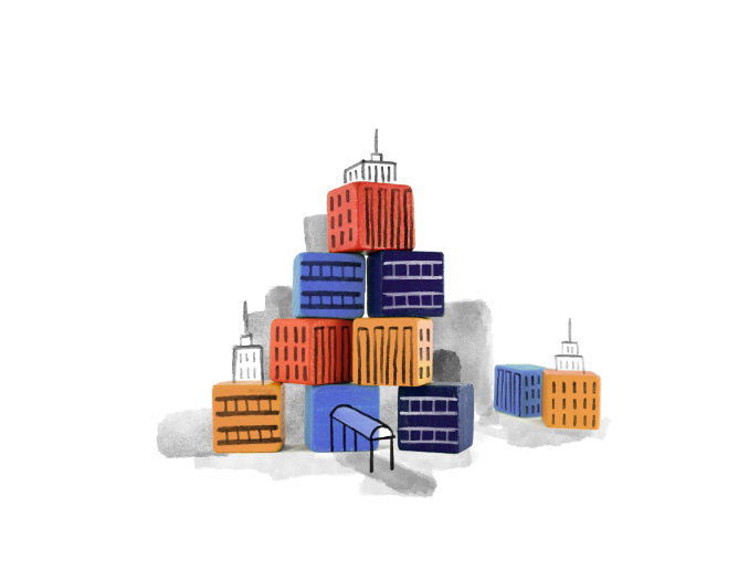 combination of building blocks in a city atmosphere with lots of hotels
