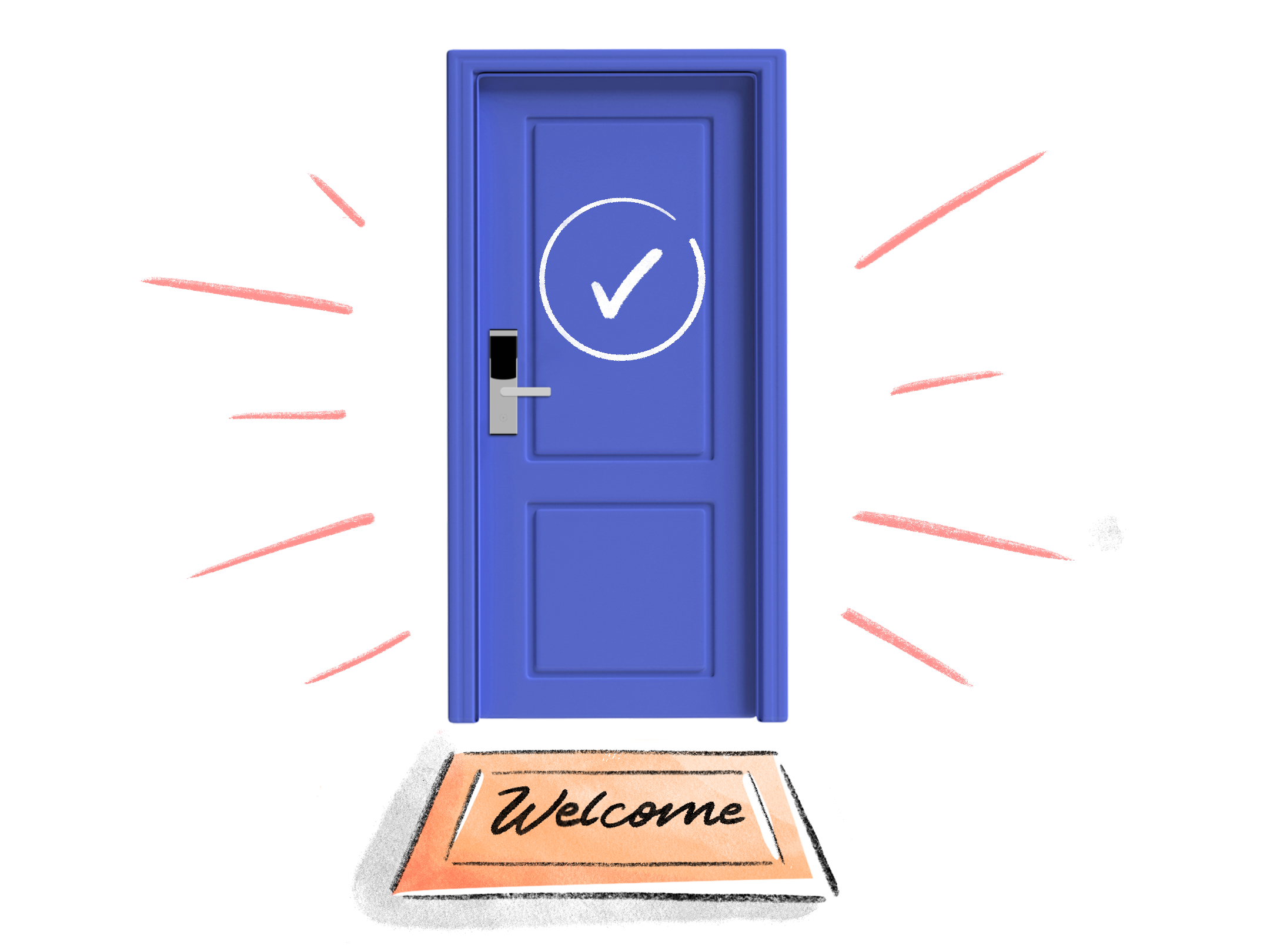 Actabl brand purple hotel door with check mark and welcome mat